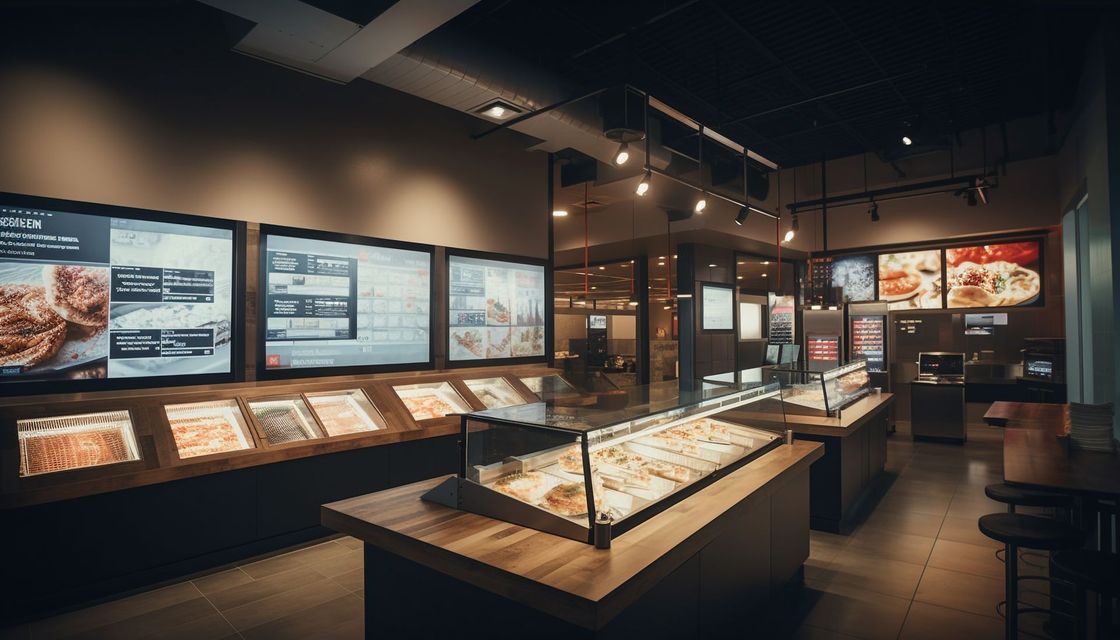 Interior of a modern bakery, with display counters, menu screens, and overhead lighting.