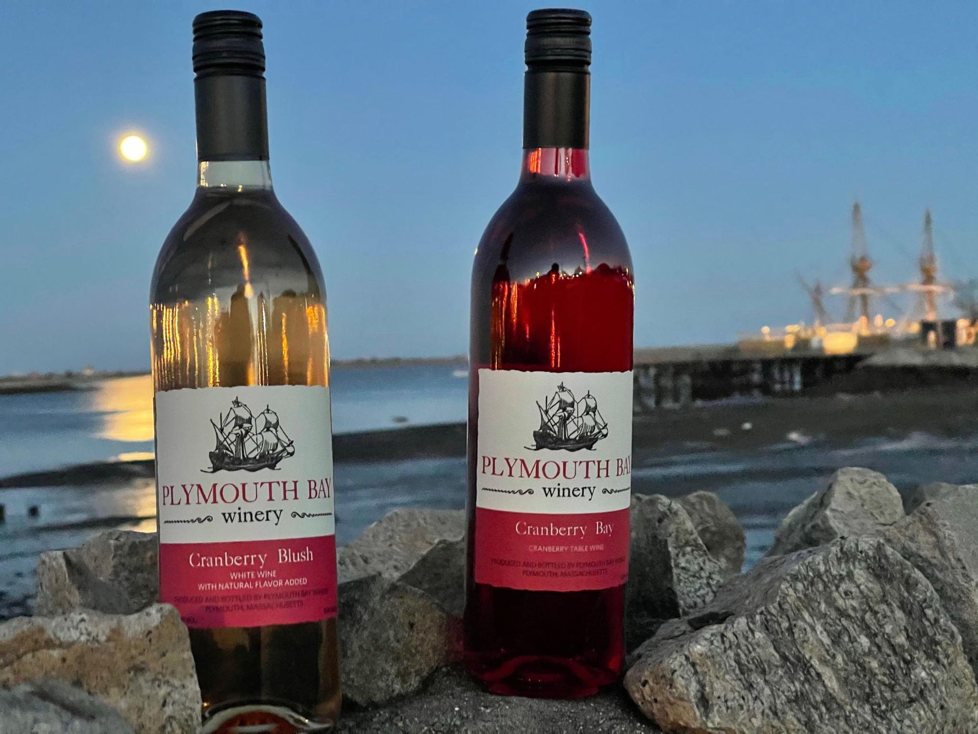Two bottles of Plymouth Bay Winery wine on rocks, harbor and moon in background.