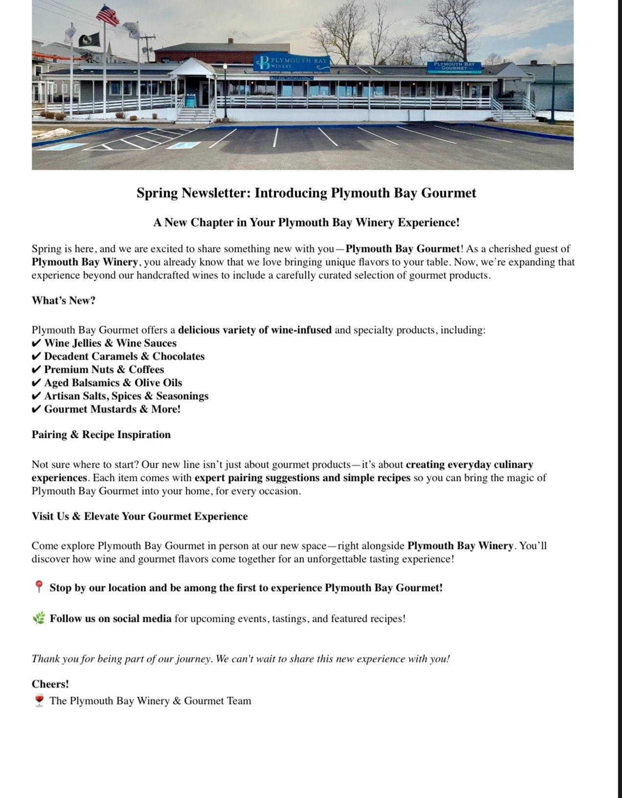 Plymouth Bay Gourmet newsletter with a photo of a restaurant building and text detailing its food and services.