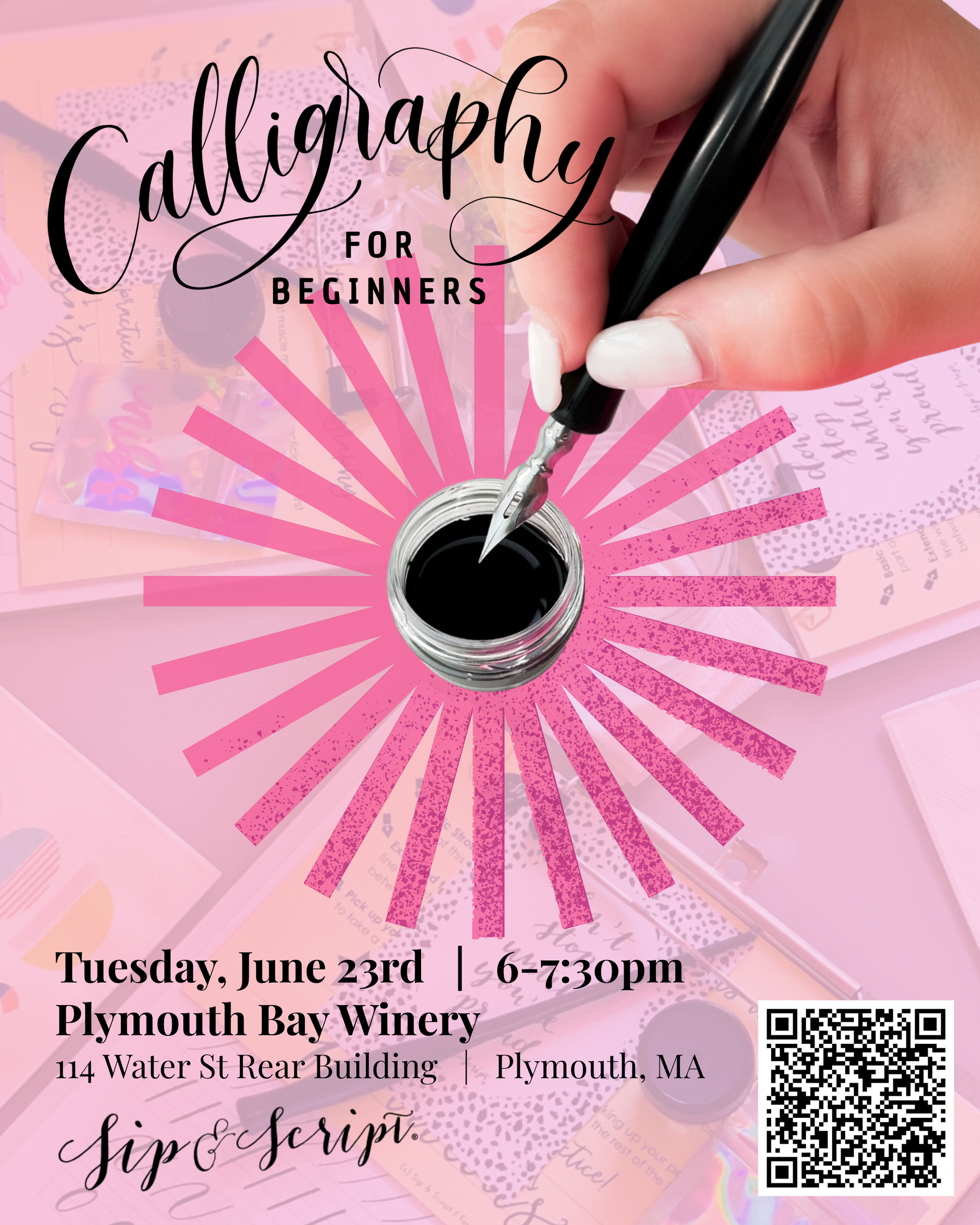 Calligraphy for Beginners flyer with pink sunburst and hand holding a pen over ink