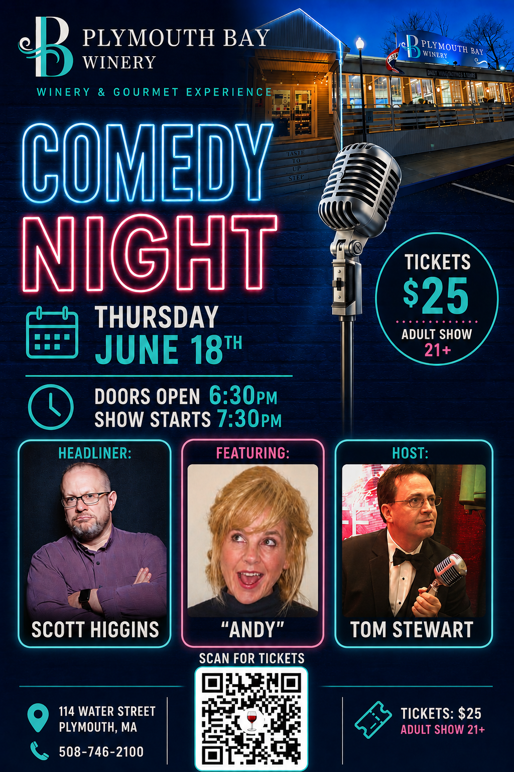 Plymouth Bay Comedy Night poster, June 18, $25 tickets, featuring Scott Higgins, Andy, and Tom Stewart