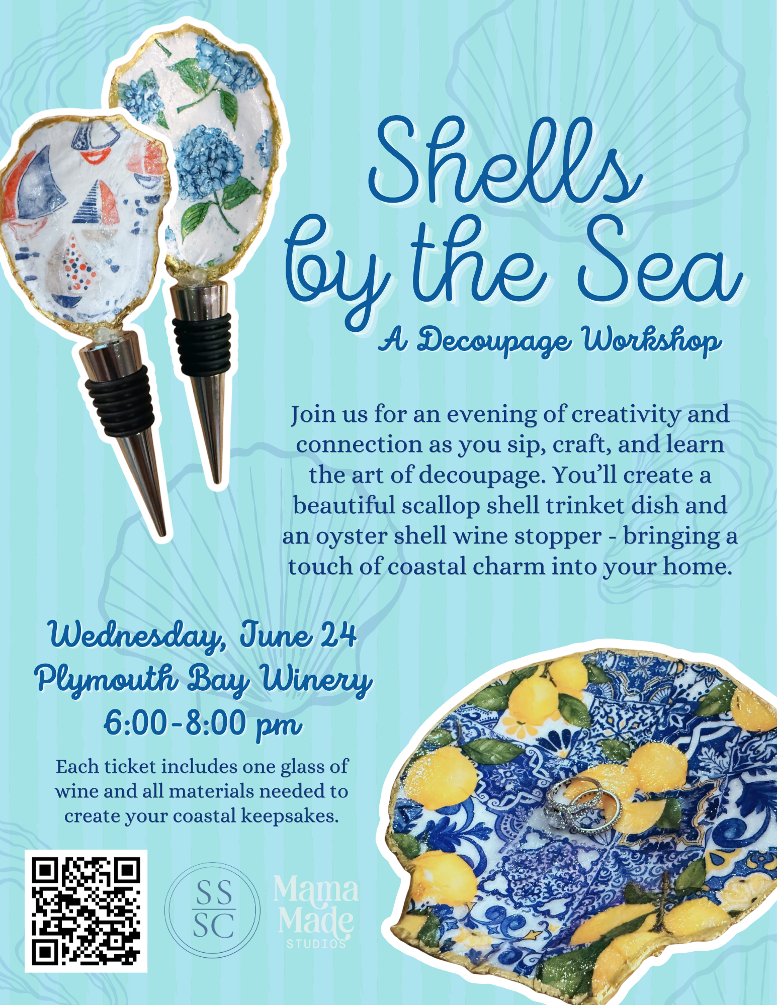 Shells by the Sea macramé workshop poster with shell art, blue florals, and event details.