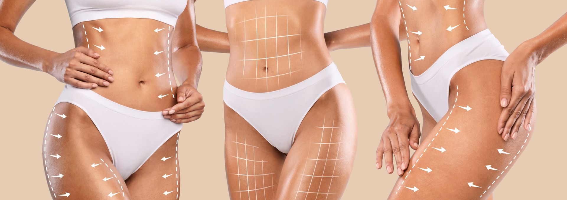 Three side-by-side torso shots of a person in white underwear against a peach background.