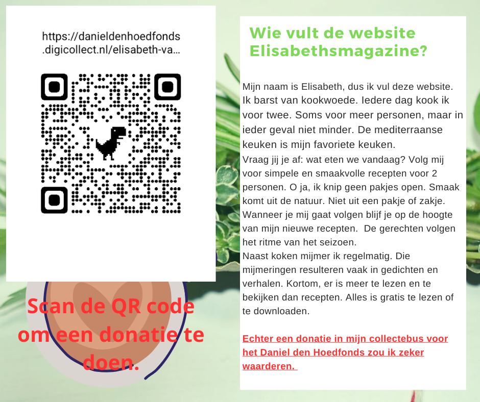 QR-code voor donaties, tekst over Elisabethsmagazine, receptinformatie.