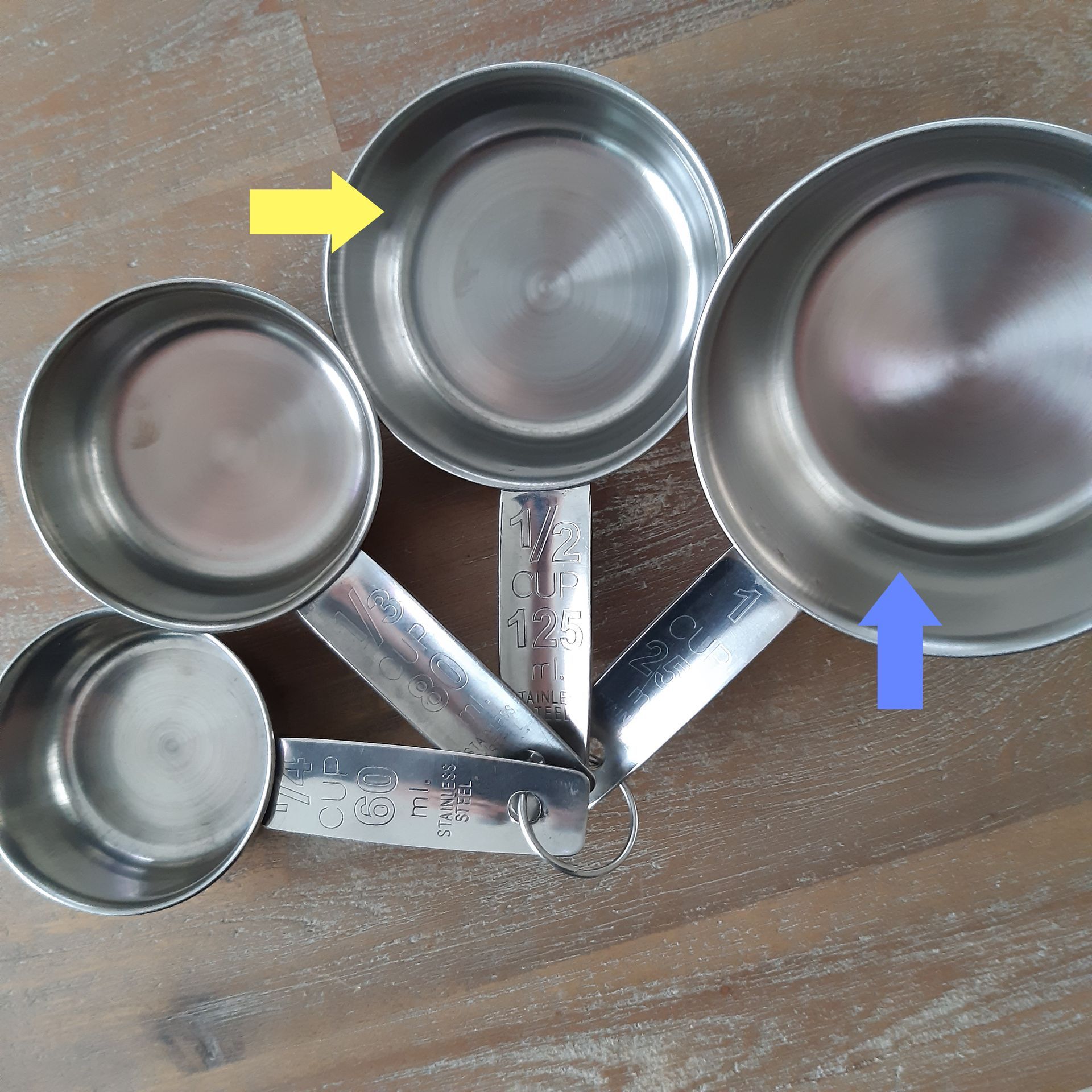 Een set roestvrijstalen maatbekers op een houten ondergrond. De gele pijl wijst naar een beker, de blauwe pijl naar een andere.