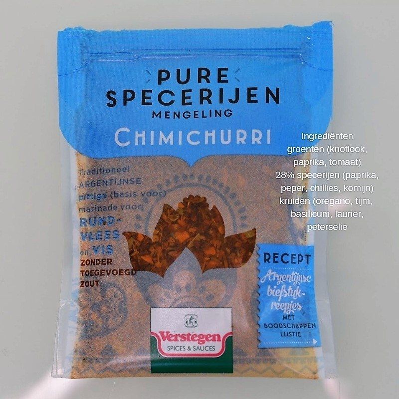 Klein zakje chimichurri kruidenmix, blauwe dop, bruine en gouden accenten, productnaam