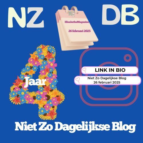Blauwe afbeelding voor het 4-jarig jubileum van een blog. Bevat tekst, bloemen in de vorm van een