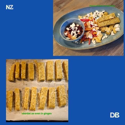 Twee afbeeldingen van polenta: voor het bakken met kaas en geserveerd met saus en salade.
