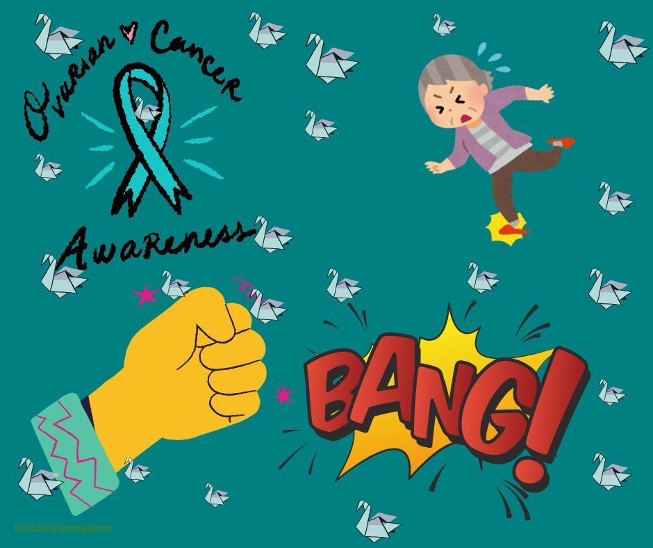 Afbeelding ter bevordering van bewustzijn over eierstokkanker met een turquoise lint, een vuist die