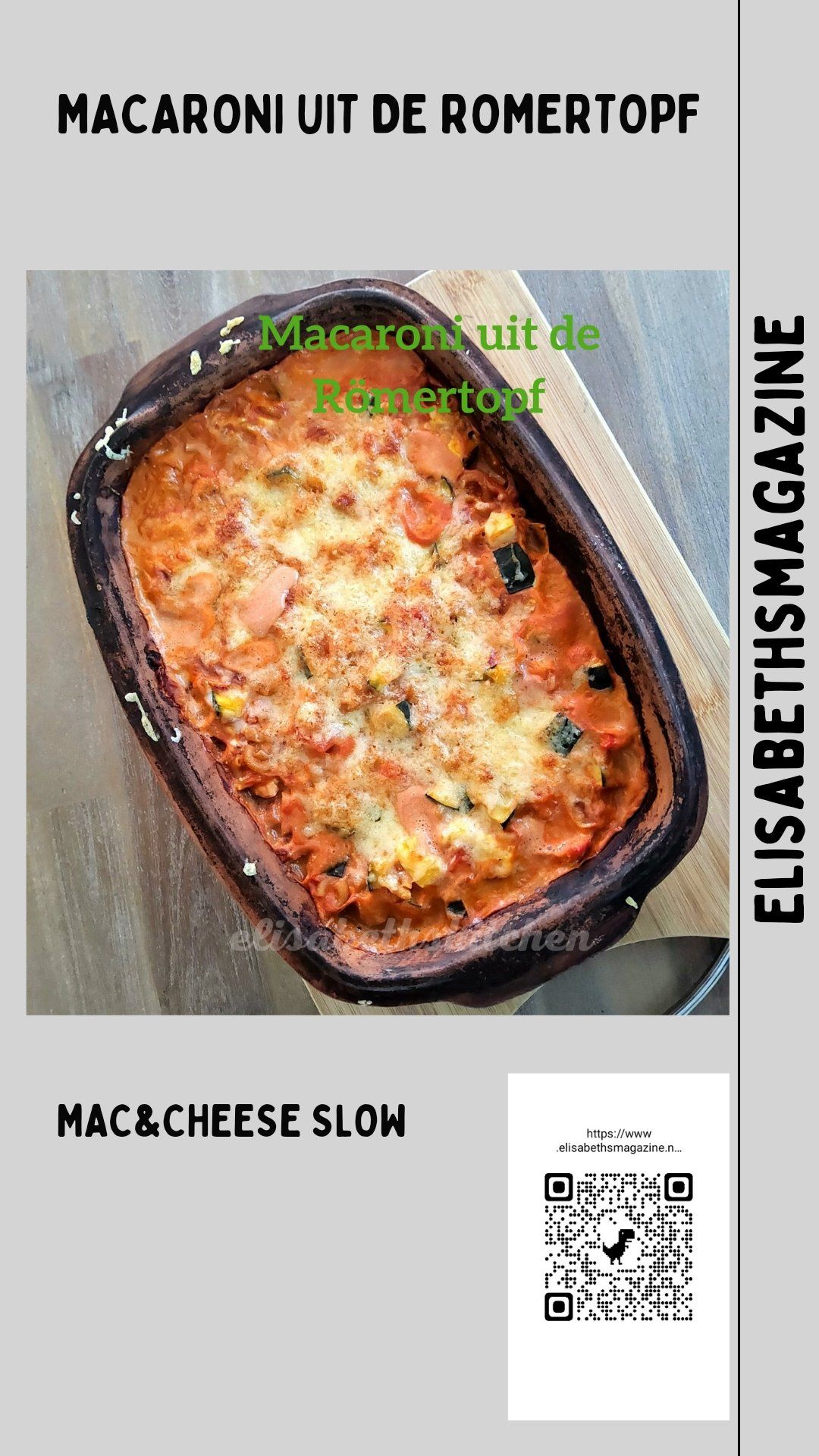 Macaroni en kaas in een rustieke schaal, met de tekst: