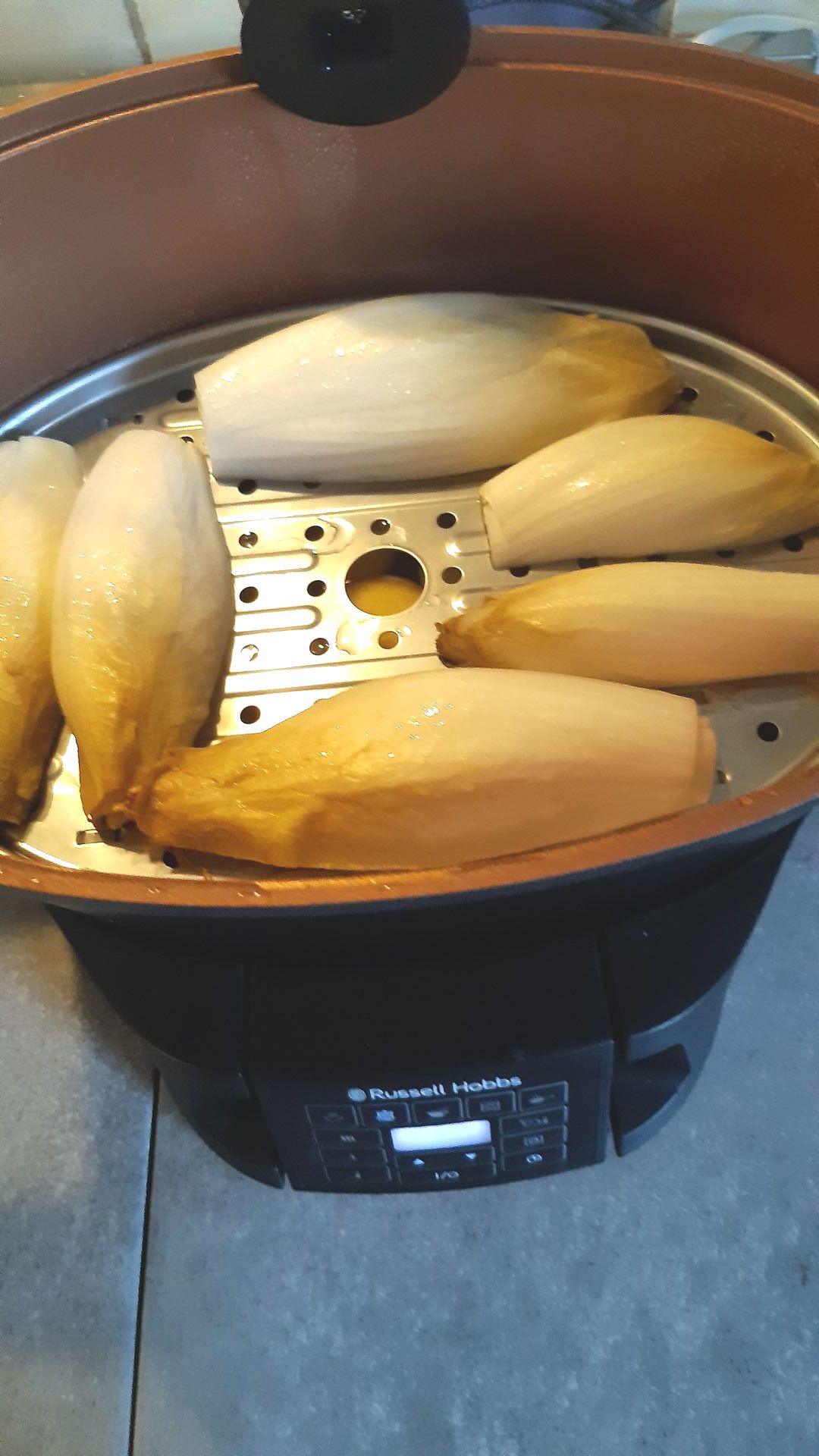 Andijvie stomen in een Russell Hobbs-apparaat. Bruine en witte groenten op een geperforeerde metalen schaal.
