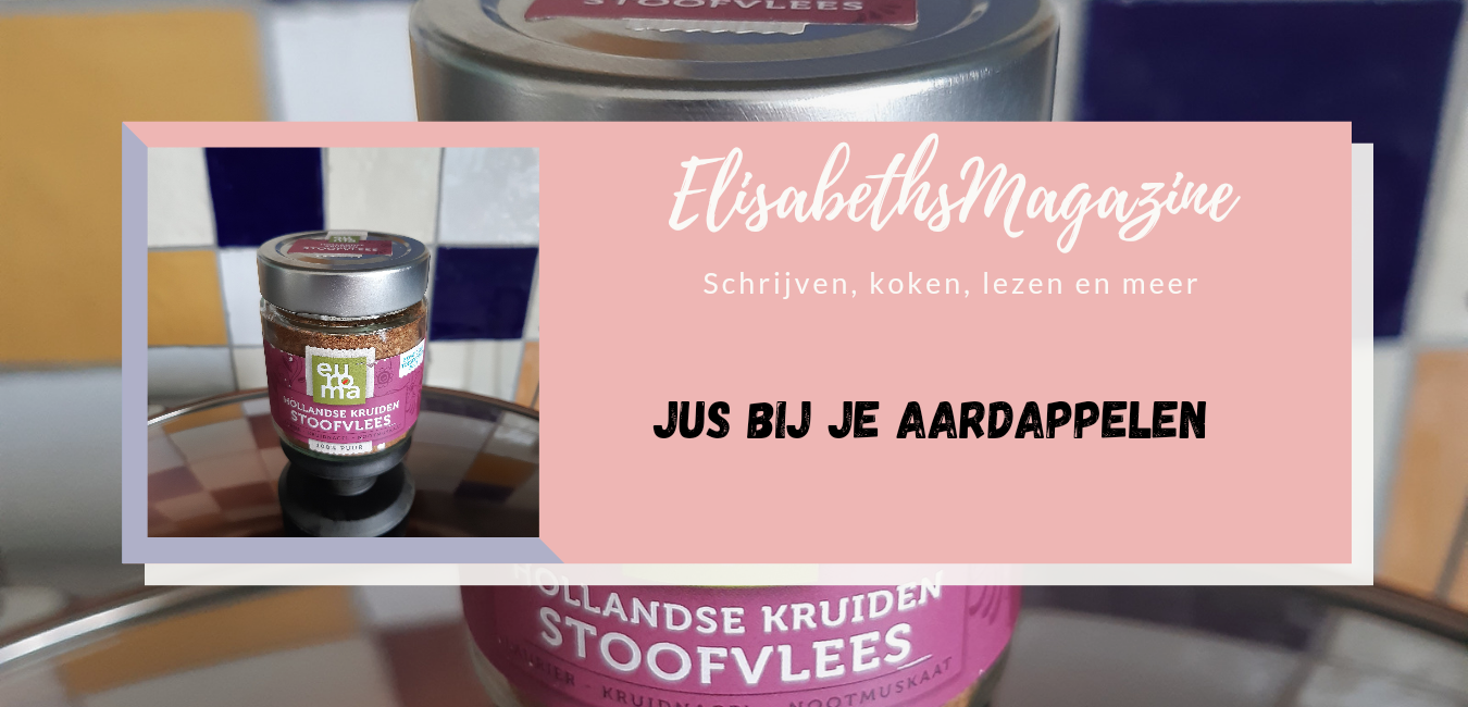 Glass jars on a countertop with text that says “Jus bij je aardappelen” over a light pink background.