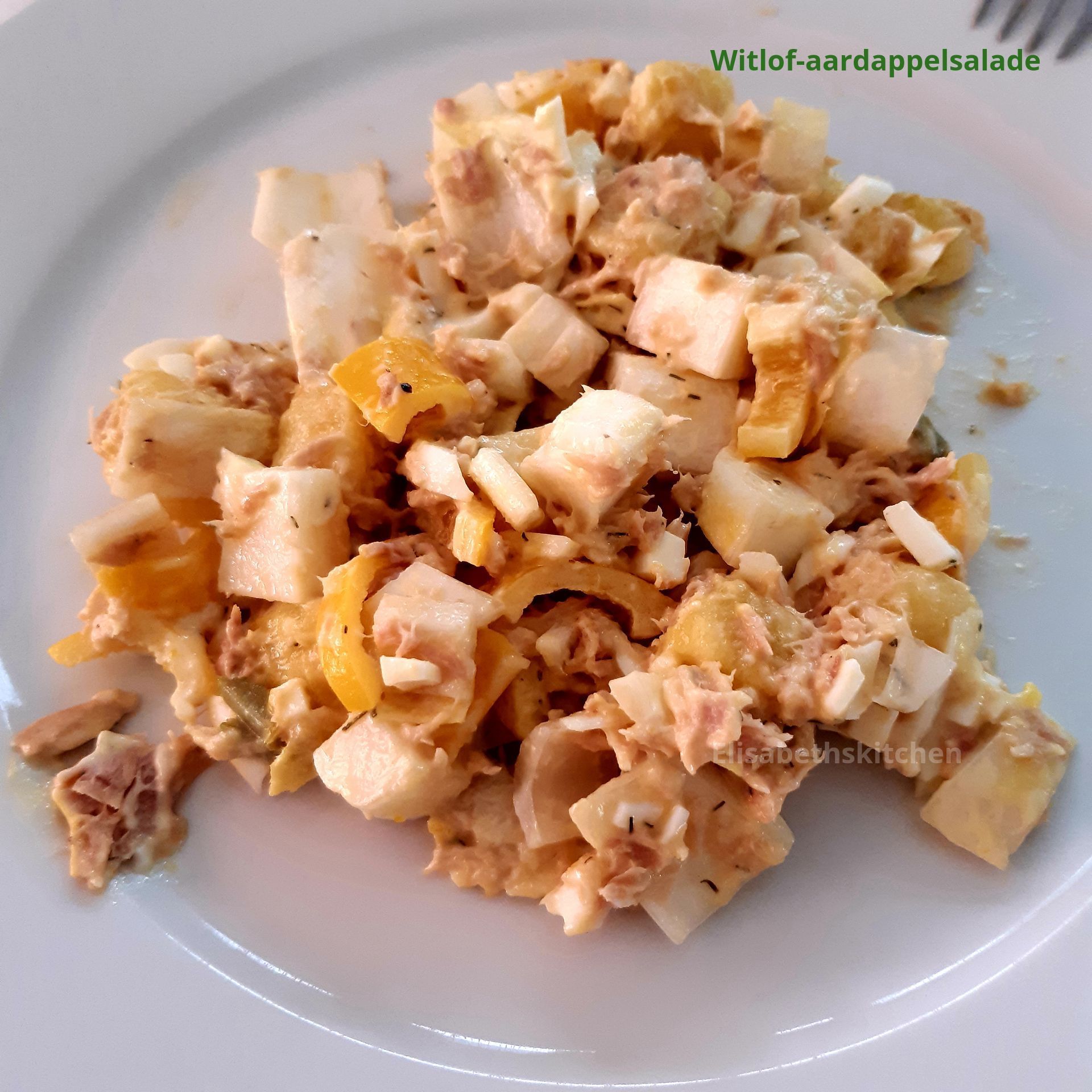 Wit bord met een salade van tonijn en aardappelen.