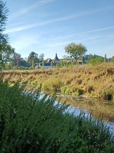 Een rivier stroomt langs een met gras begroeide oever; op de achtergrond is een gebouw met een kerktoren te zien onder een blauwe hemel.
