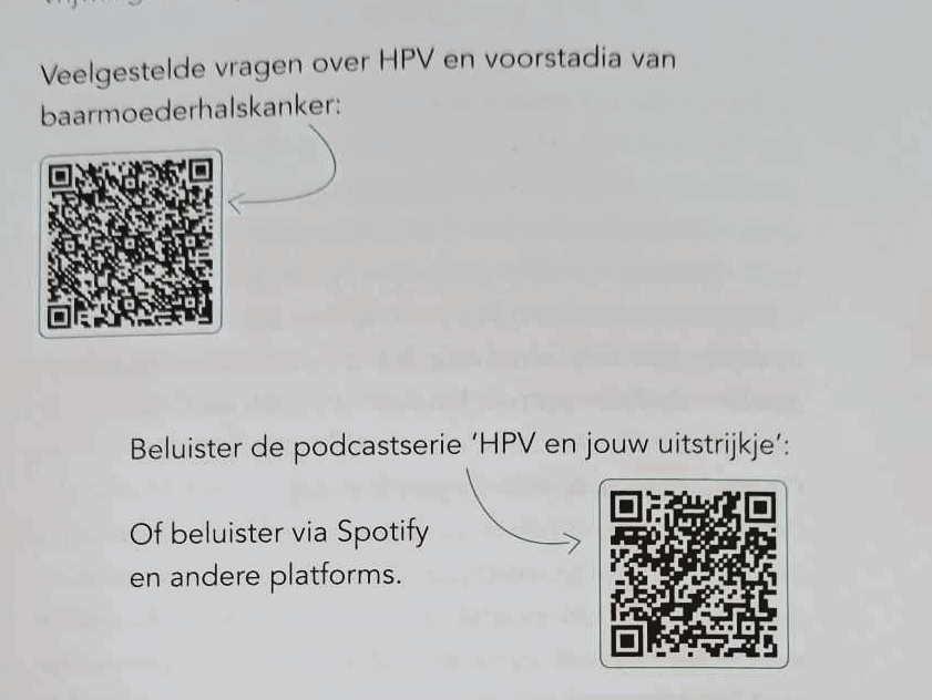 Tekst over HPV en baarmoederhalskanker met twee QR-codes om naar een podcast te luisteren.