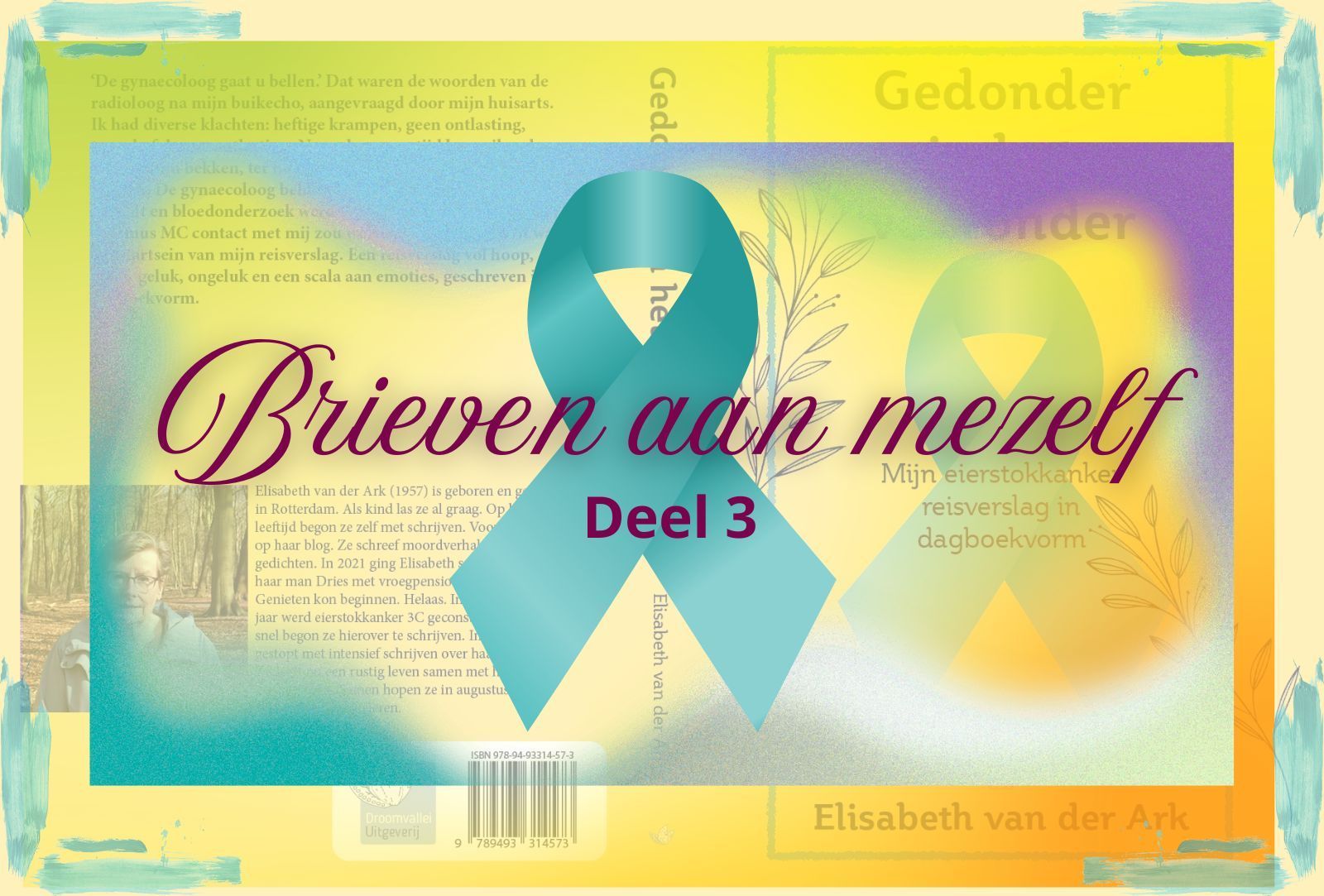 Book cover with blue ribbon and text