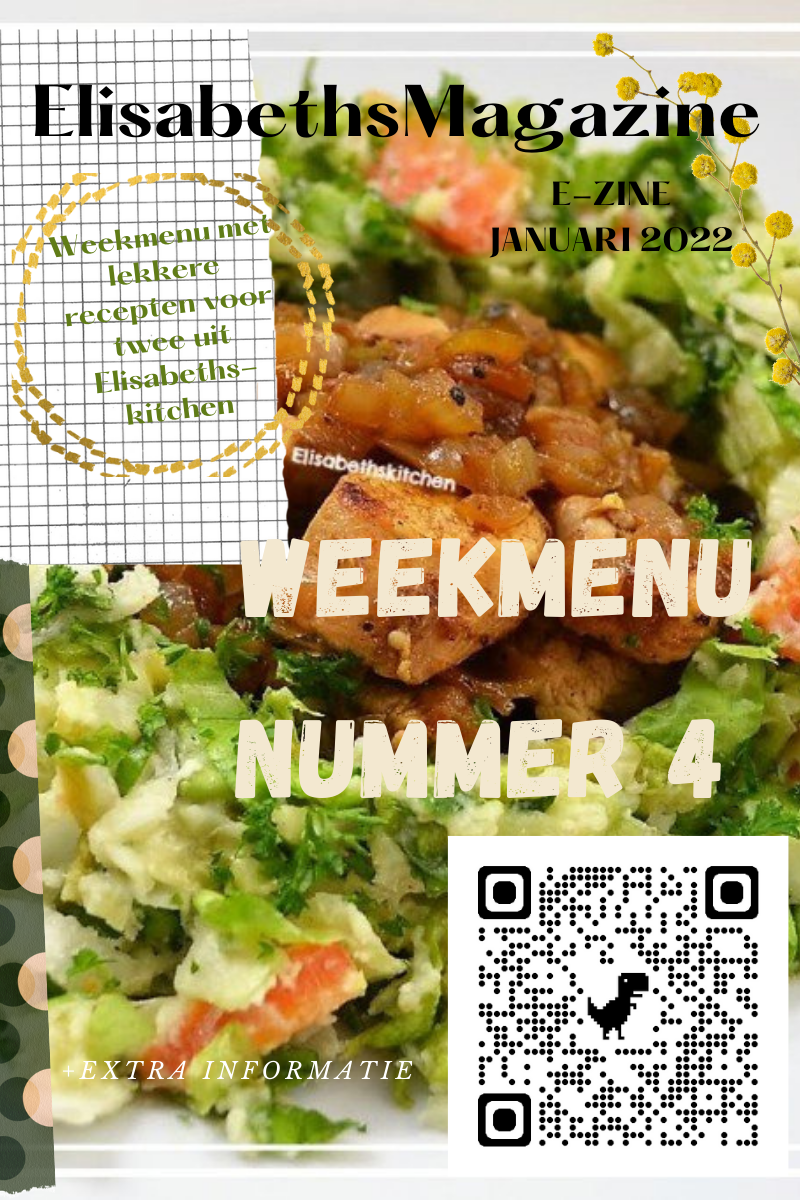 Omslag van Elisabeth's Magazine, januari 2022. Met weekmenu #4 en een close-up van een gerecht. Inclusief QR-code.