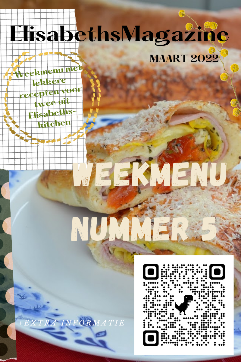 Omslag van Elisabeths Magazine: Weekmenu, nummer 5, met foto van een gerecht en QR-code.