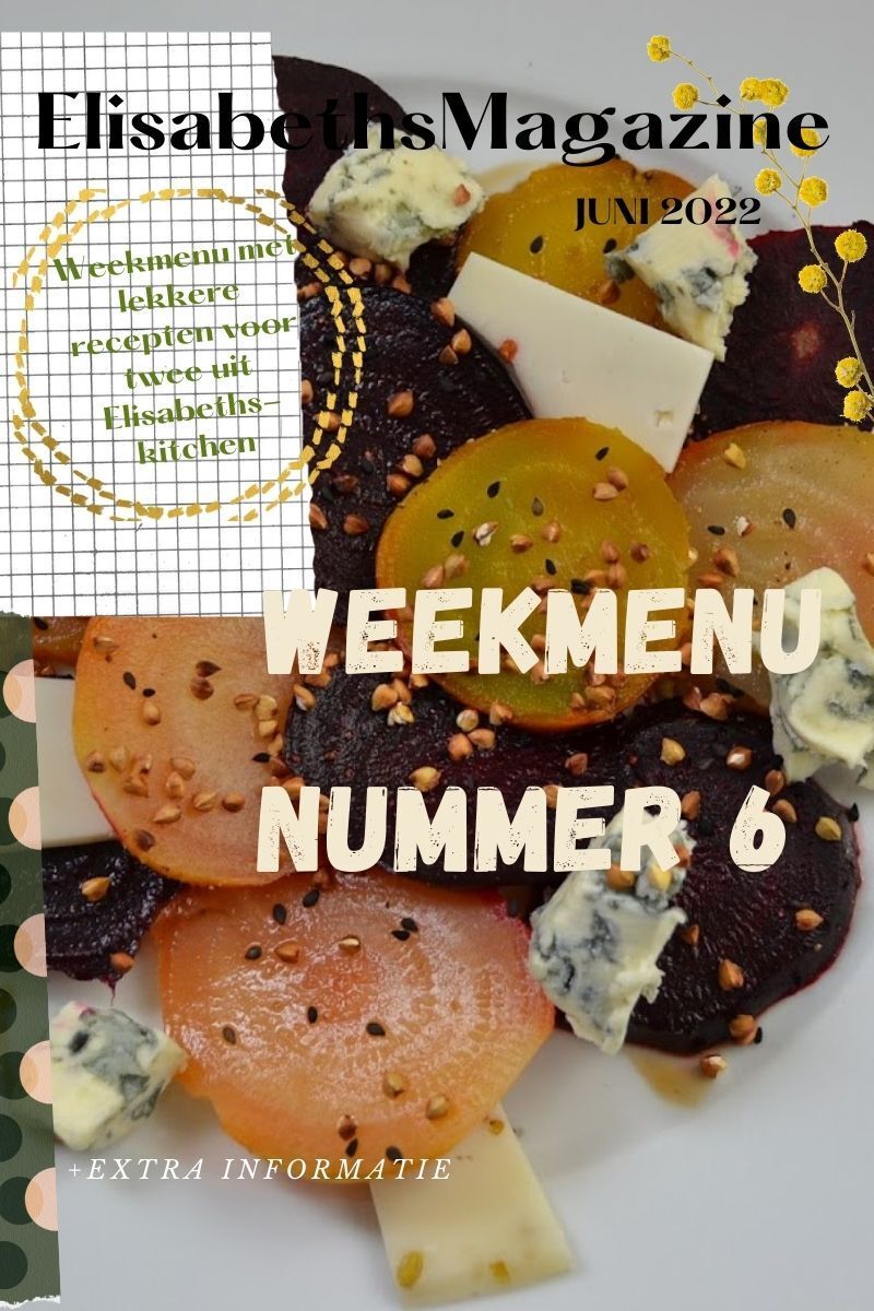 Een weekmenu om te downloaden. Op deze pagina staan ook de directe linken naar de recepten Magazine cover with a beet salad and text reading