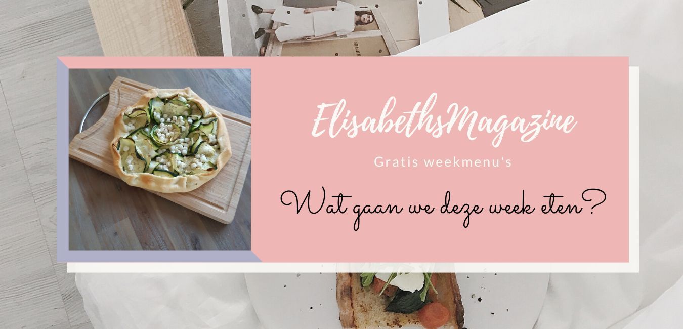 Klik door voor gratis downloads Tijdschriftkop met eten op een snijplank, roze en witte tekst met de titel