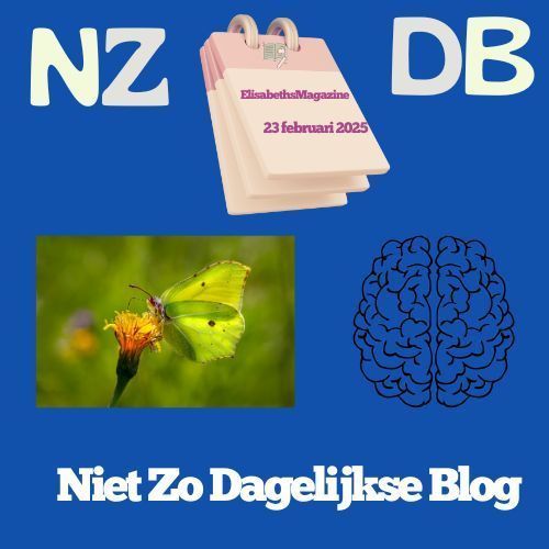 Blauwe achtergrond, een vlinder op een bloem, een brein, een kalender en de tekst