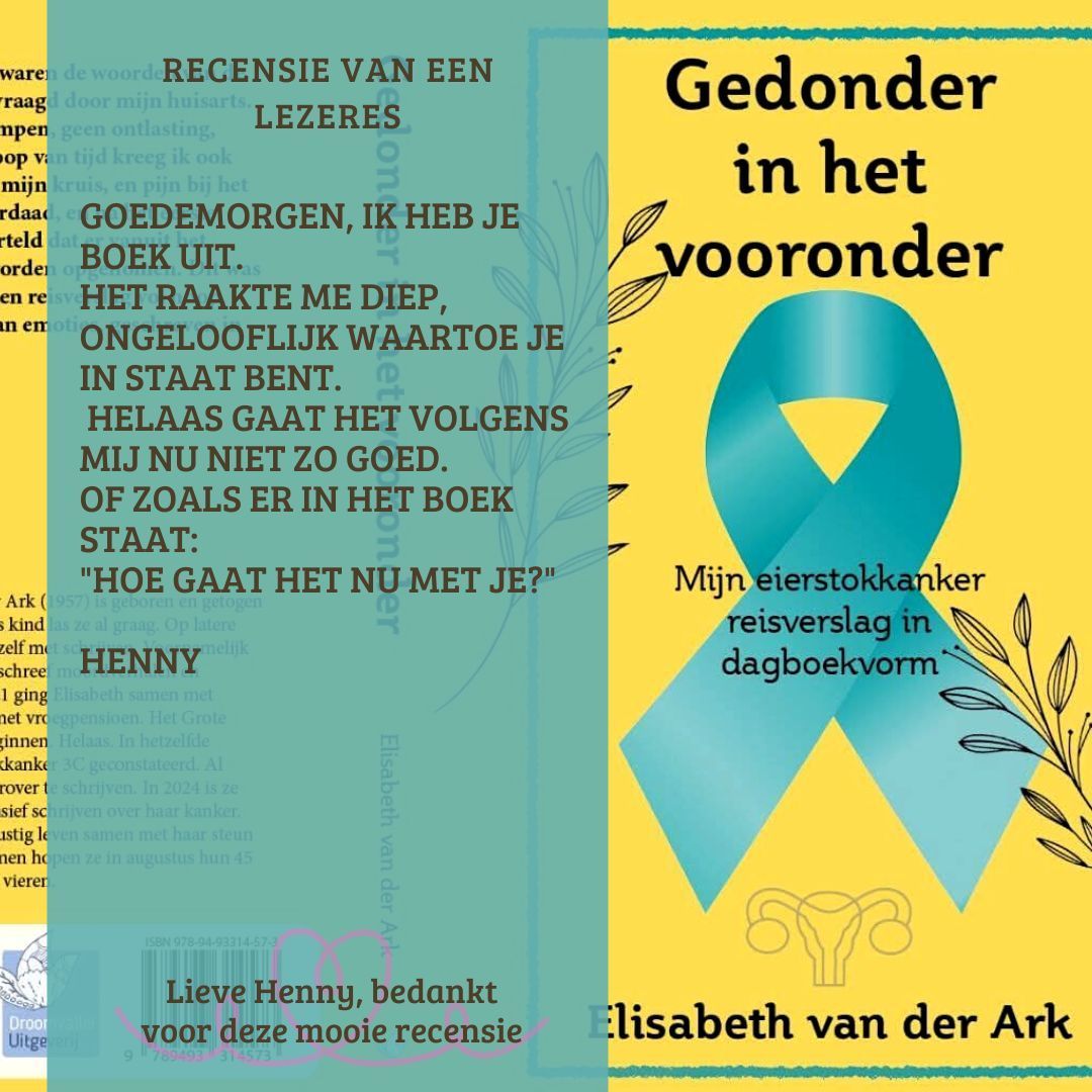 Boekomslag met een turquoise lint en de tekst "Gedonder in het vooronder". Links staat een recensie.