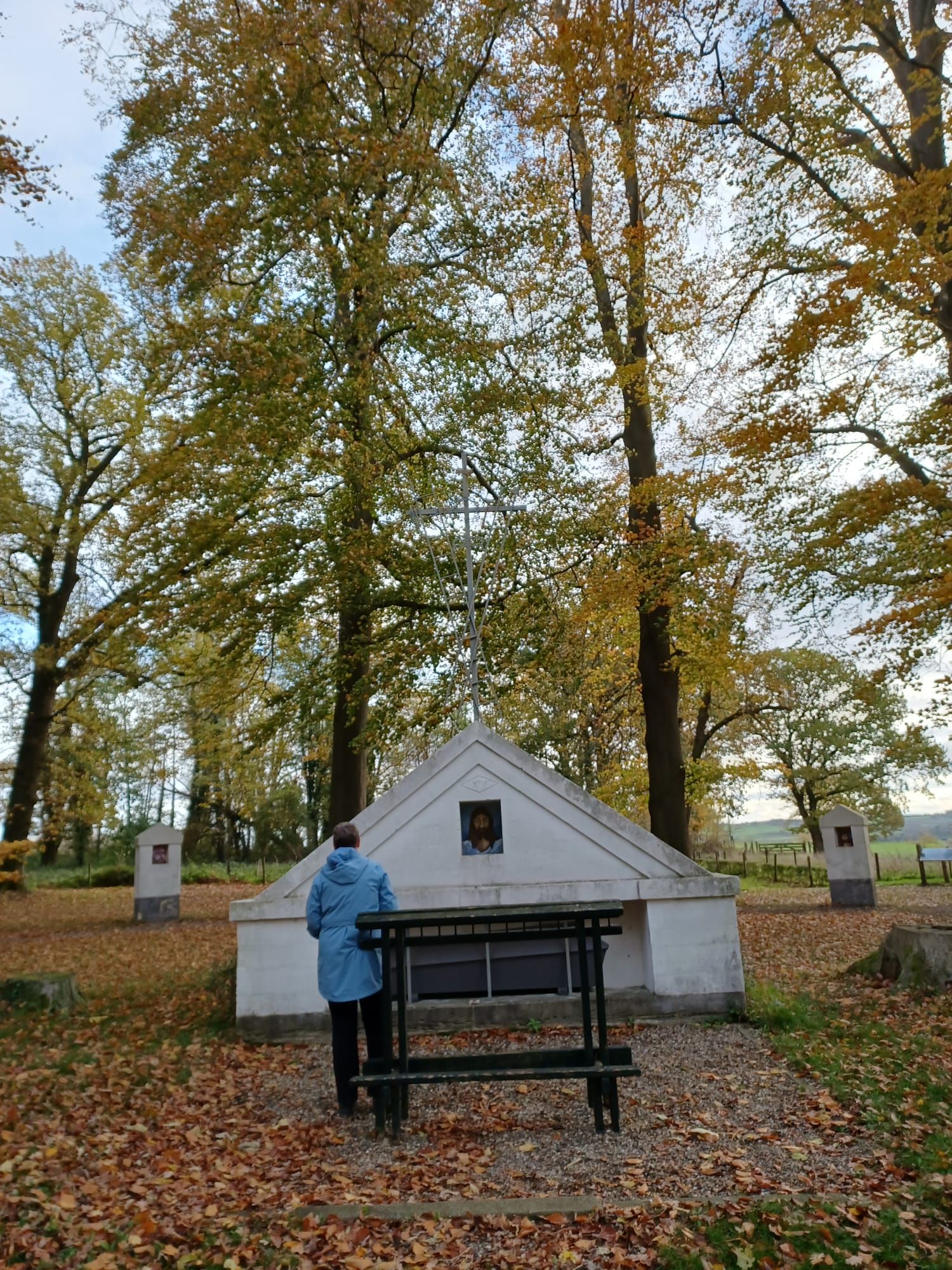 Vrouw bekijkt een wit monument met een kruis, omringd door bomen met herfstbladeren; bankje ervoor.