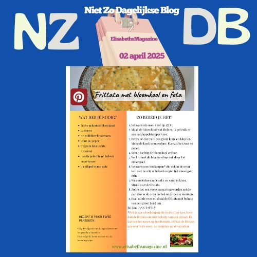 Blogbericht met een recept voor frittata, inclusief ingrediëntenlijst en bereidingswijze, op een blauwe achtergrond.