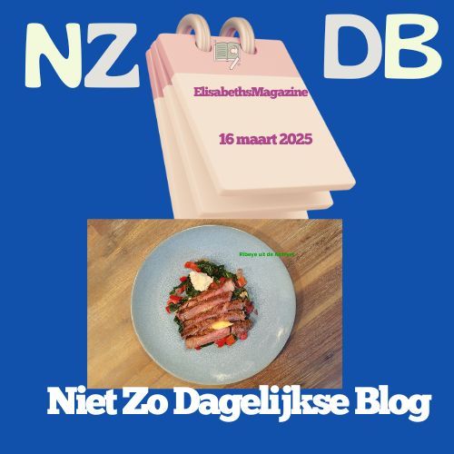 Blauwe achtergrond met de woorden NZ DB, een kalender en een bord met eten. Onderaan staat