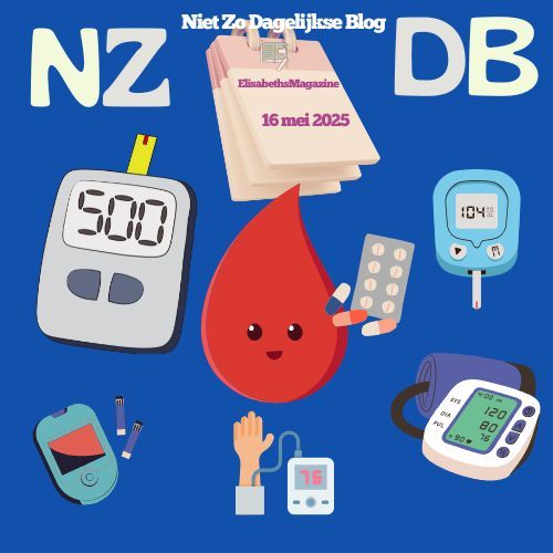 Cartoonafbeelding over diabetes met een bloeddruppel en medische apparaten, tekst