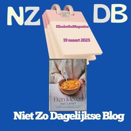 Blue background, calendar, cookbook with food, and text: