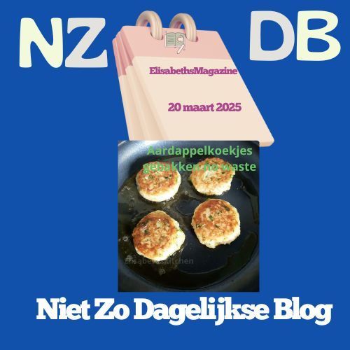 Blog post with fried potato cakes in a pan. Pink notepad labeled