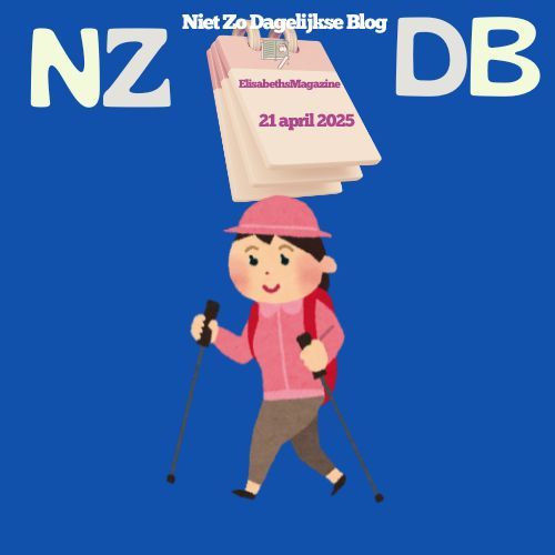Cartoonfiguur van een wandelaar met een roze hoed en jas, wandelstokken en een kalender met de datum 21 april 2025. Blauwe achtergrond met de tekst