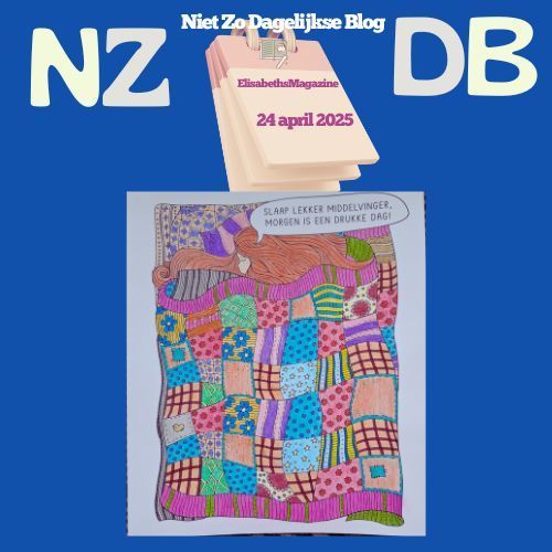 Illustratie: persoon die onder een patchworkdeken slaapt, gedachtebubbel met tekst. NZDB-logo, kalender.
