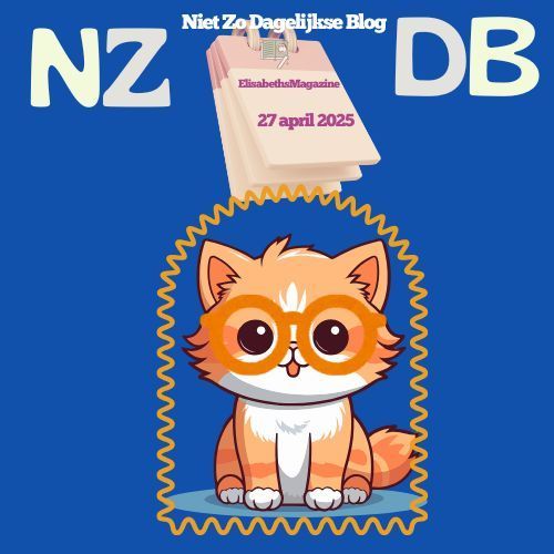 Een oranje kitten met een brilletje in een gouden montuur, onder een kalender met de tekst