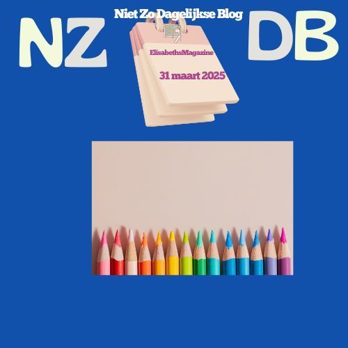 Blauwe achtergrond met de letters NZ en DB, een notitieblok met de datum en een rij kleurpotloden.