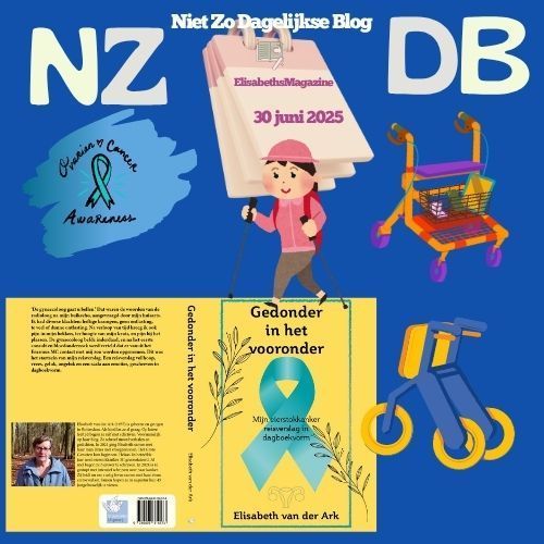 Nordic walking, mijn boek gedonder in het vooronder Blogbericht met illustraties over chronische ziekte, met een boek, een rollator en een kalender.