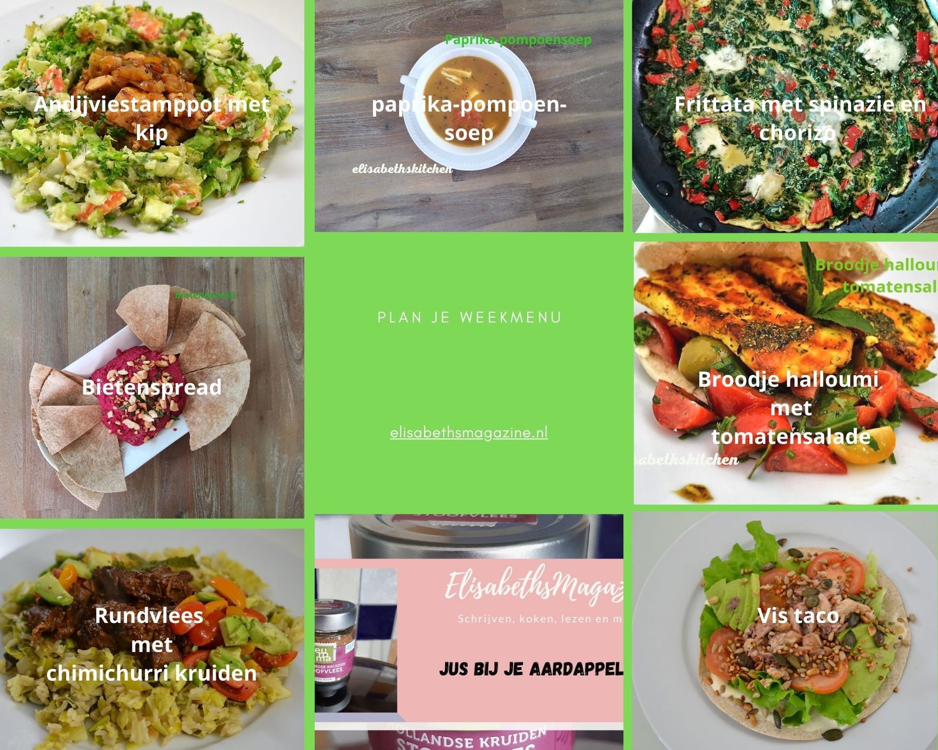 Negen kleurrijke gerechten, gerangschikt in een raster, waaronder salades, soep en taco's.