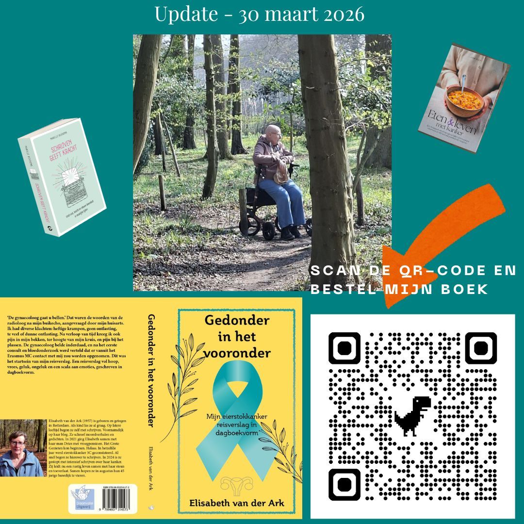 Heb jij mijn boek al besteld? Doen hoor... Een promotieflyer met een foto van een persoon in een rolstoel, boekomslagen en een QR-code om