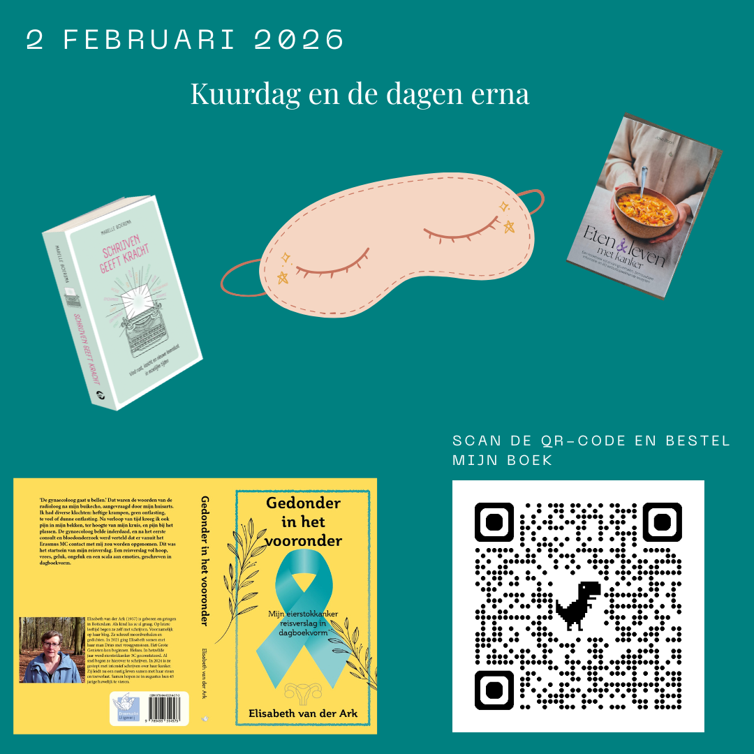 Heb jij mijn boek al besteld? Doen hoor... Promotionele afbeelding met boeken, oogmasker en QR-code, turquoise achtergrond. Tekst in het Nederlands: 2 FEBRUARI 2026 Kuurdag en de dagen erna.