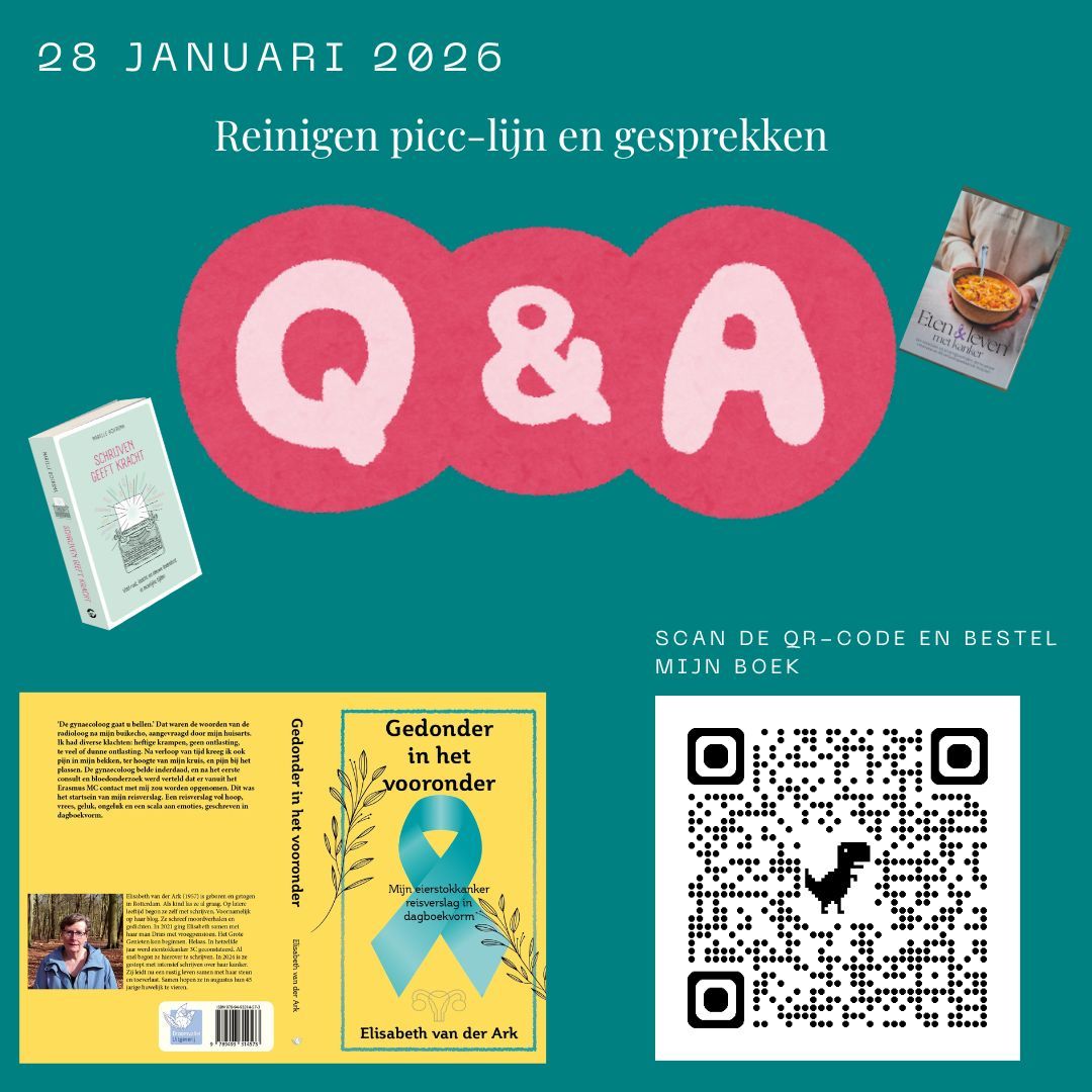 Heb jij mijn boek al besteld? Doen hoor... Poster ter promotie van een vraag- en antwoordsessie 28 januari 2026 over schoonmaken, inclusief een boek en QR-code voor aankoop.