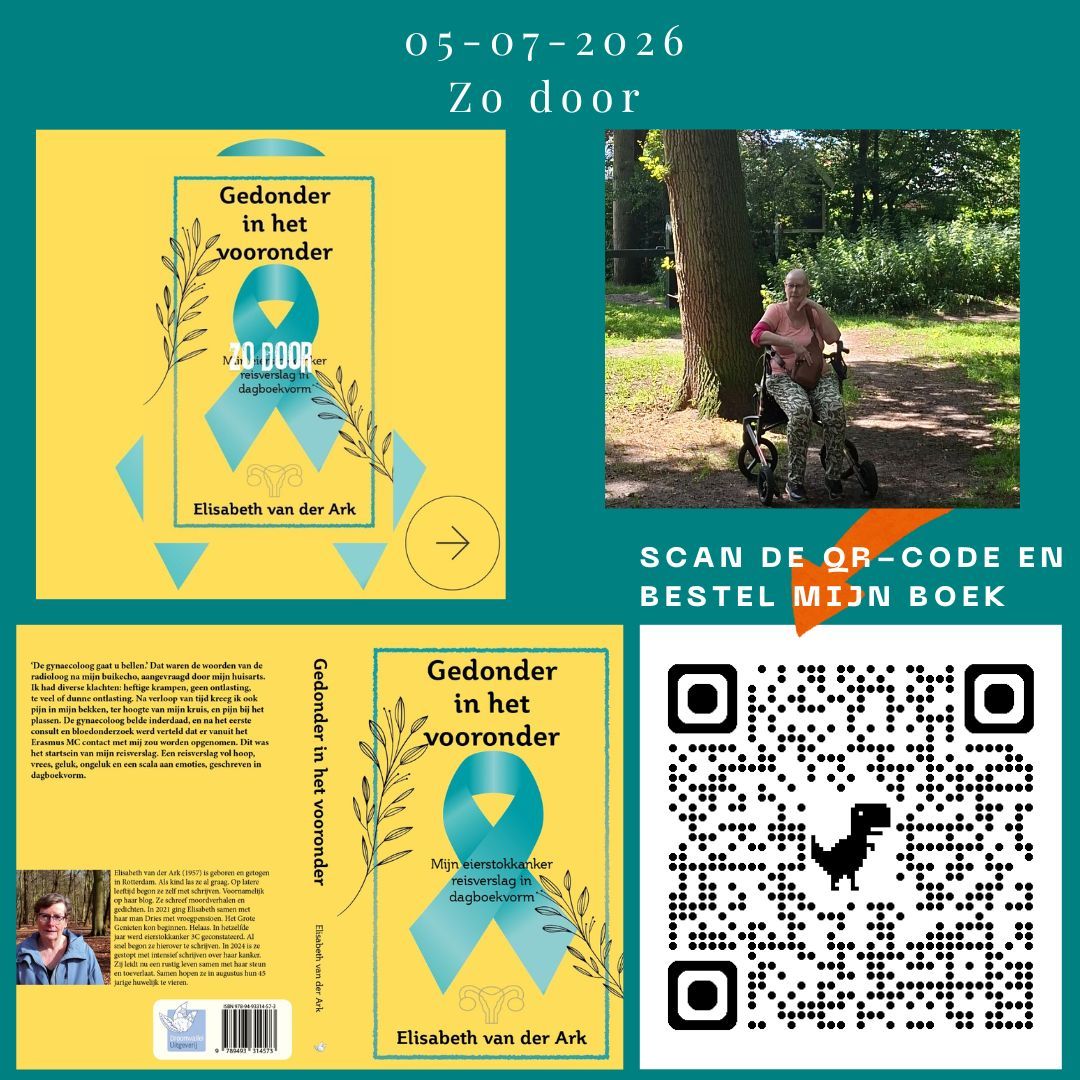 Heb jij mijn boek al besteld? Doen hoor... Turquoise poster met boekomslag, foto van een vrouw op een rollator en QR-code; tekst zo door, gedateerd 05-07-2026.