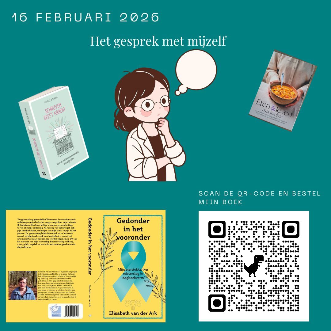 Heb jij mijn boek al besteld? Doen hoor... Afbeelding: Vrouw met gedachtebubbel, boeken, QR-code en tekst in het Nederlands: