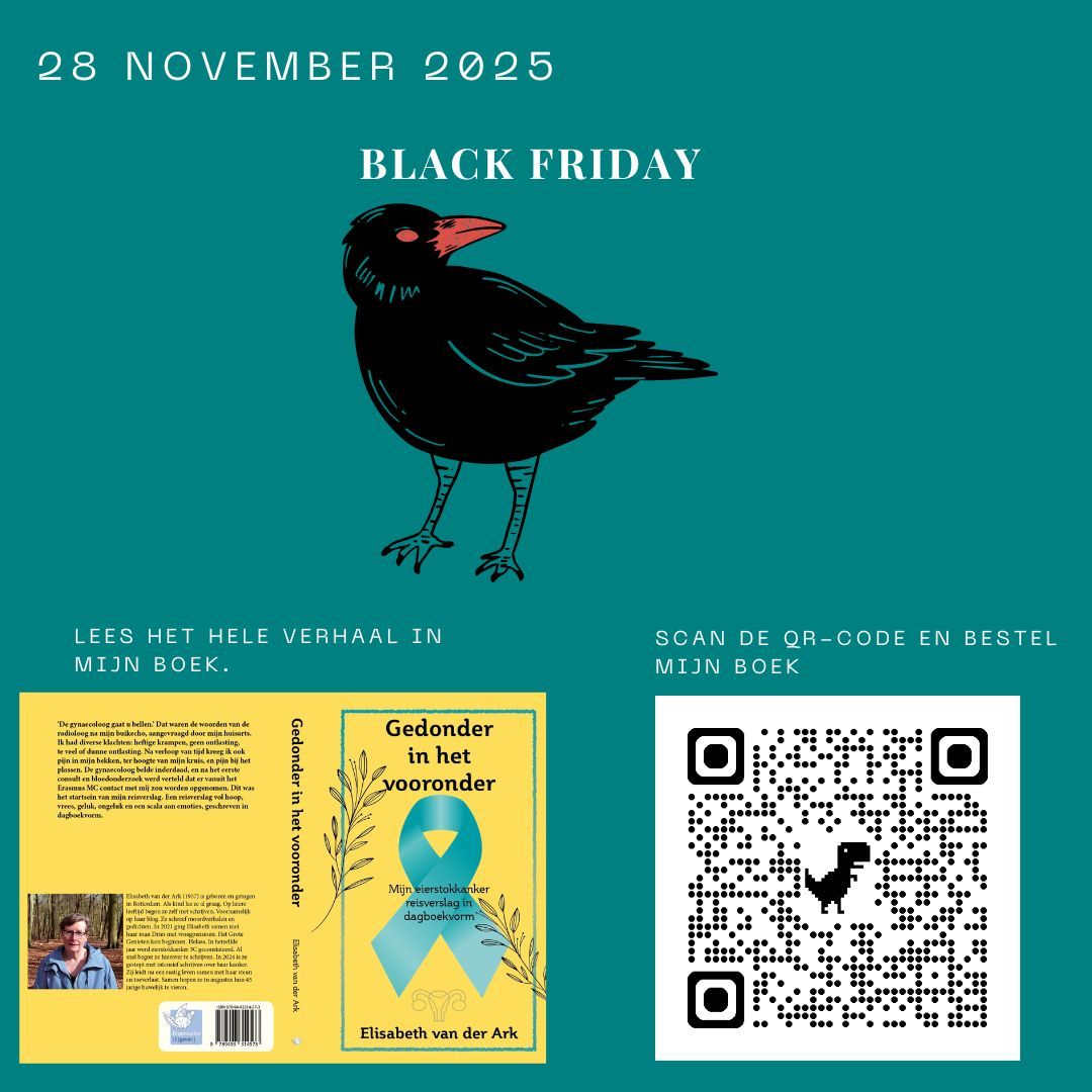 Heb jij mijn boek al besteld? Doen hoor... Zwarte vogel op een turquoise achtergrond voor Black Friday. Boekcover en QR-code om te bestellen.