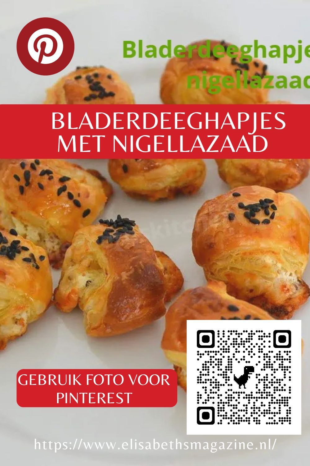 gebruik deze foto om op te slaan op je pinterestpagina Gouden bladerdeeghapjes met nigellazaadjes op een wit bord; tekstoverlay in het Nederlands.