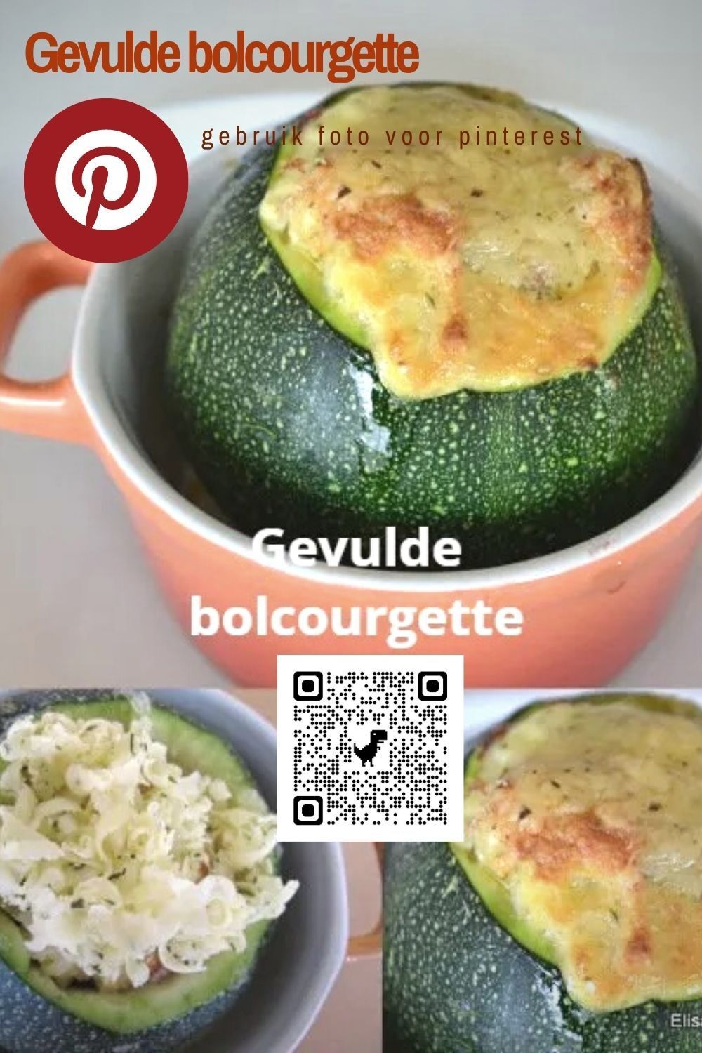 Een gerecht met gevulde ronde courgette in een oranje kom met tekst en een QR-code.