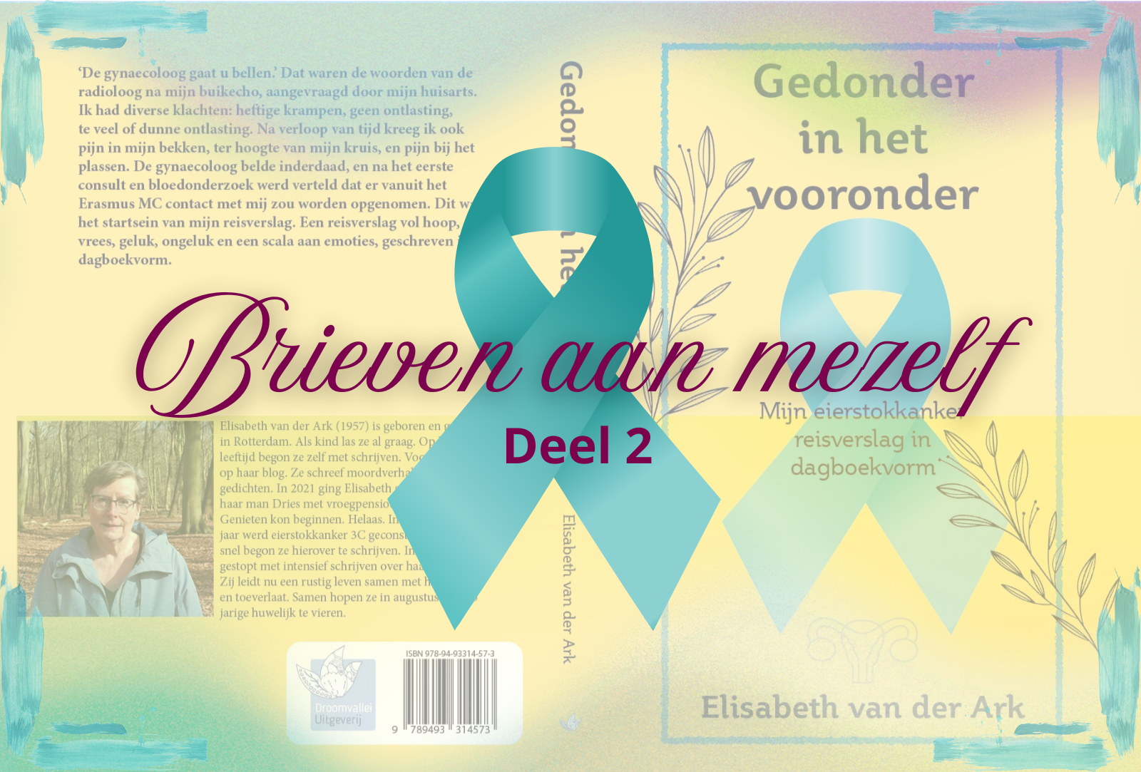 Book cover with teal ribbons and title