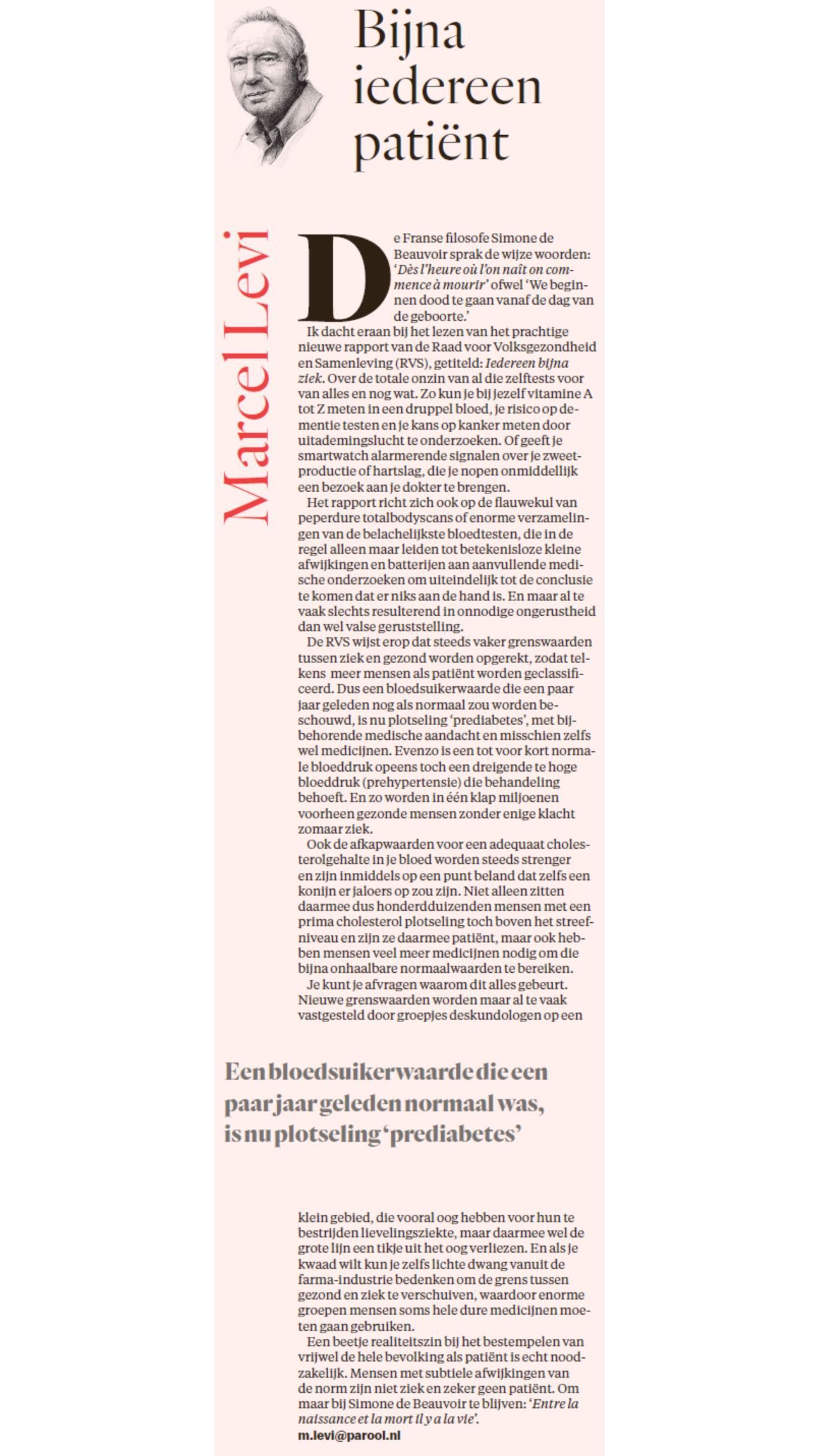 Artikel met een foto van een man, waarschijnlijk een interview. Tekst in het Nederlands.