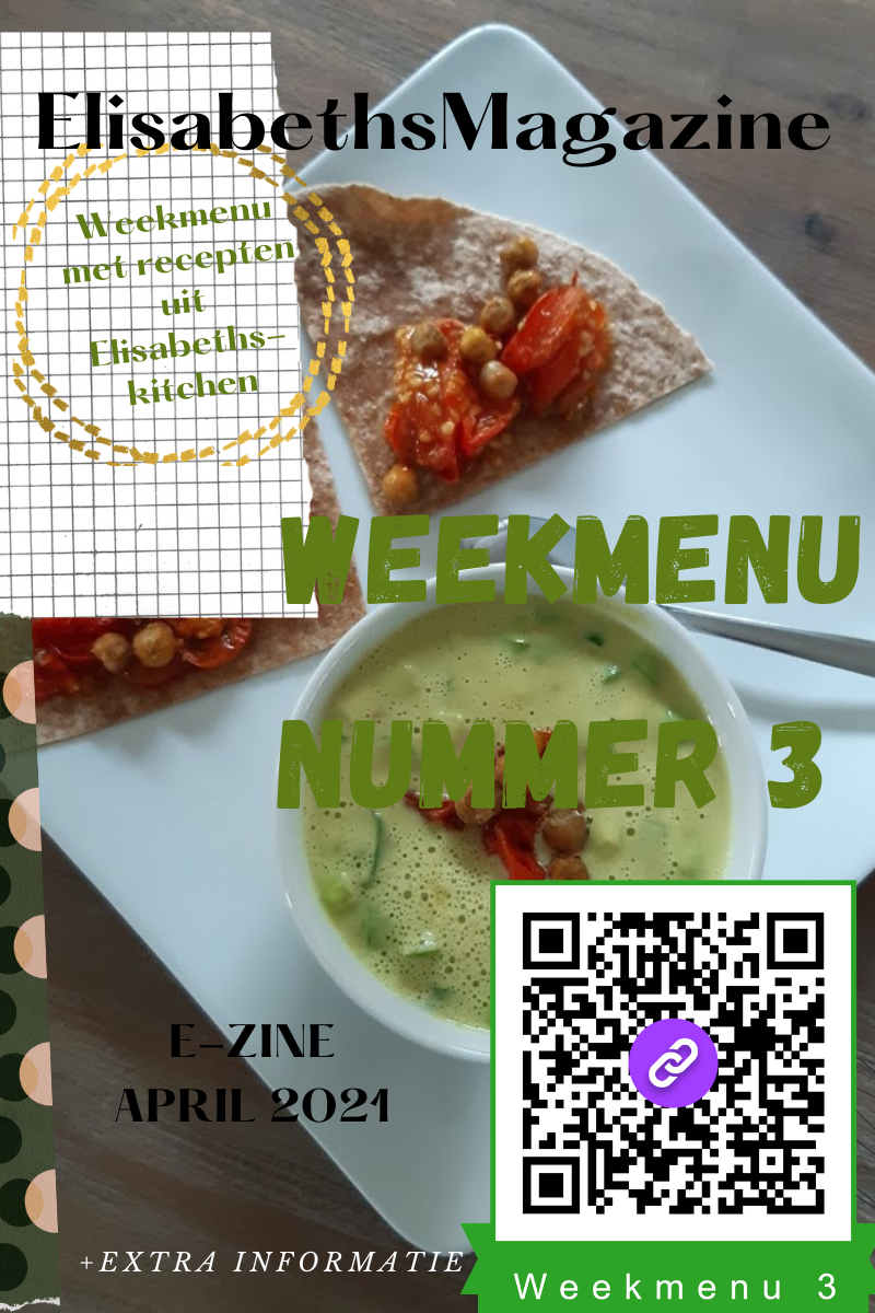 Omslag van Elisabeths Magazine: Weekmenu nummer 3, april 2021. Met foto's van gerechten en een QR-code.