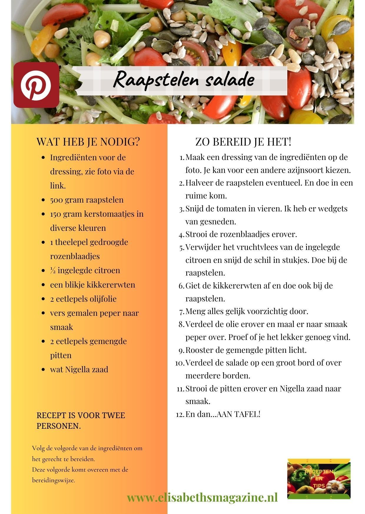 Close-up van een salade met tekst: Ingrediënten en bereidingswijze voor een